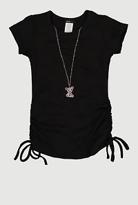 Little Girls Ribbed Knit Ruched Top with Bear Necklace