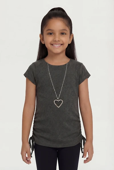 Little Girls Rib Knit Ruched Side Top with Heart Necklace