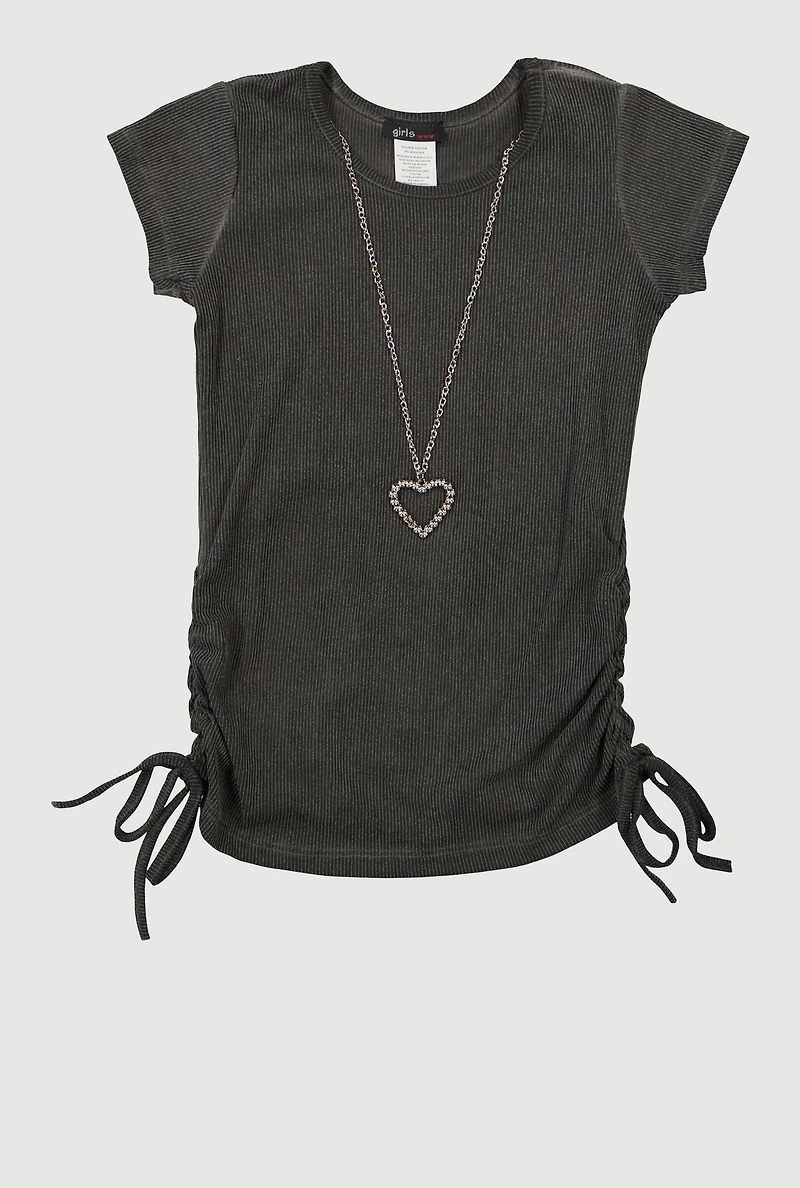 Little Girls Rib Knit Ruched Side Top with Heart Necklace