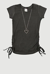 Little Girls Rib Knit Ruched Side Top with Heart Necklace