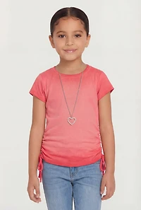 Little Girls Rib Knit Ruched Side Top with Heart Necklace