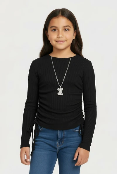 Little Girls Ribbed Knit Long Sleeve Tee with Bear Necklace,