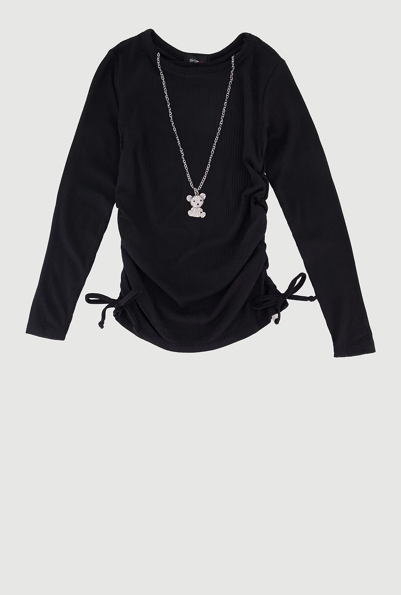 Little Girls Ribbed Knit Long Sleeve Tee with Bear Necklace,
