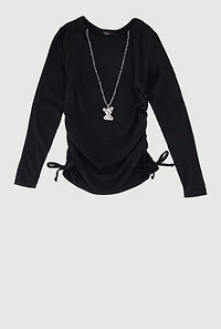 Little Girls Ribbed Knit Long Sleeve Tee with Bear Necklace,