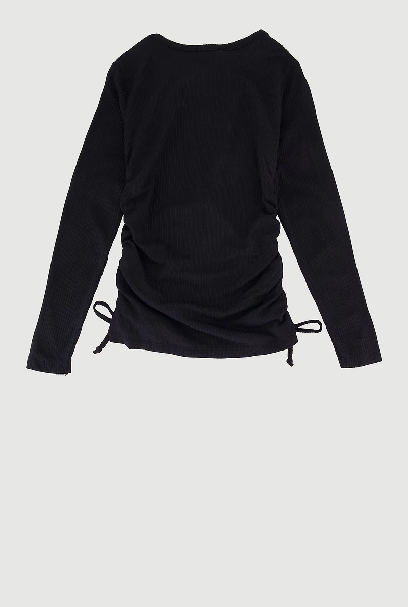 Little Girls Ribbed Knit Long Sleeve Tee with Bear Necklace,