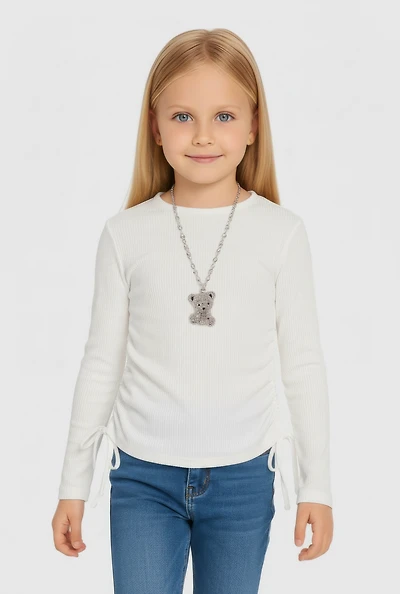 Little Girls Ribbed Knit Long Sleeve Tee with Bear Necklace