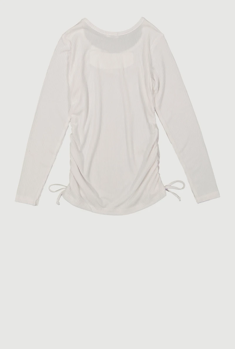 Little Girls Ribbed Knit Long Sleeve Tee with Bear Necklace