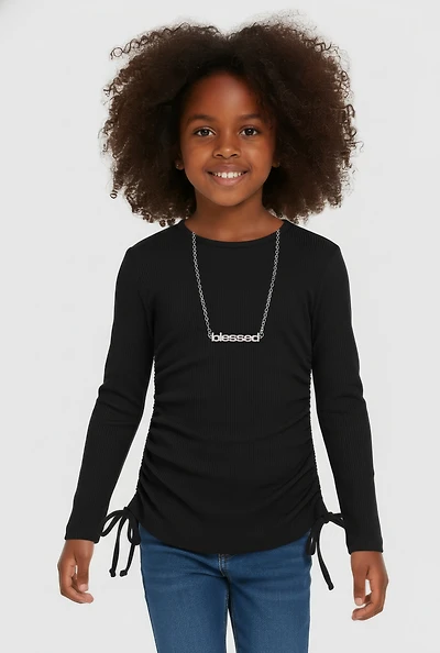 Little Girls Ruched Side Tee with Removable Blessed Necklace,