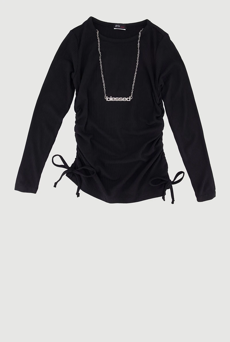 Little Girls Ruched Side Tee with Removable Blessed Necklace, Black, Size 5-6