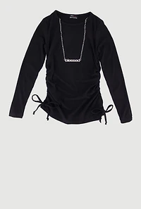 Little Girls Ruched Side Tee with Removable Blessed Necklace, Black, Size 5-6