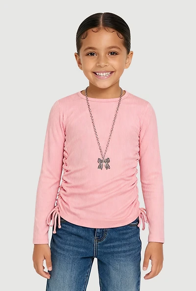 Little Girls Ruched Side Tee with Removable Bow Necklace