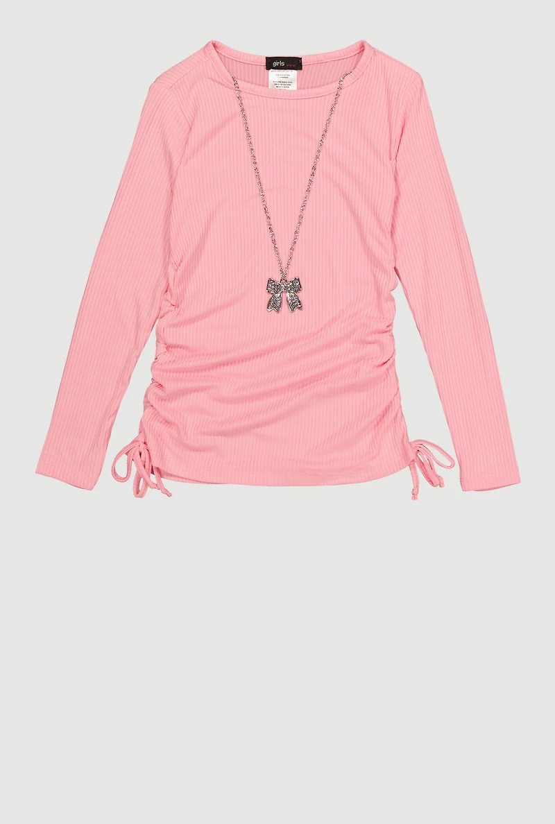 Little Girls Ruched Side Tee with Removable Bow Necklace