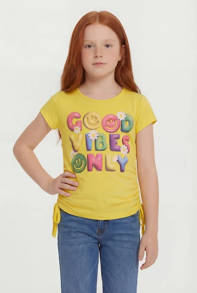 Little Girls Good Vibes Only Ruched Side Graphic Tee