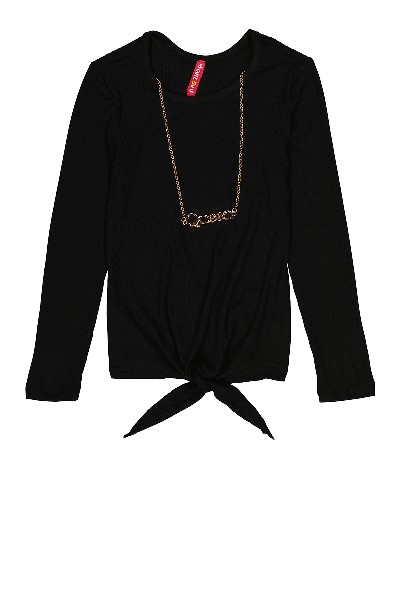 Little Girls Tie Front Top with Graphic Chain Necklace, Black, Size 6X