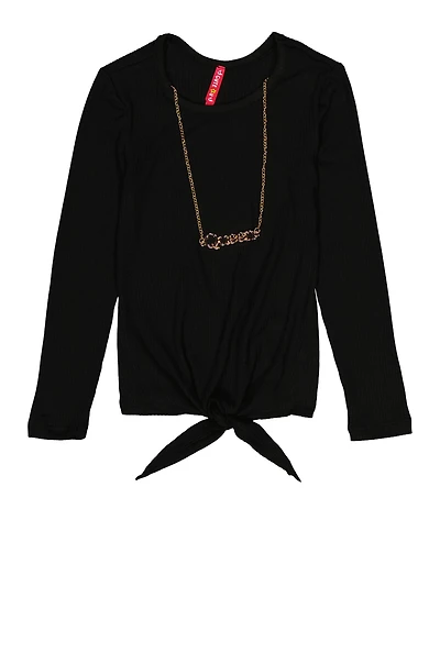 Little Girls Tie Front Top with Graphic Chain Necklace, Black, Size 6X