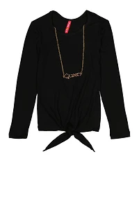 Little Girls Tie Front Top with Graphic Chain Necklace, Black, Size 6X