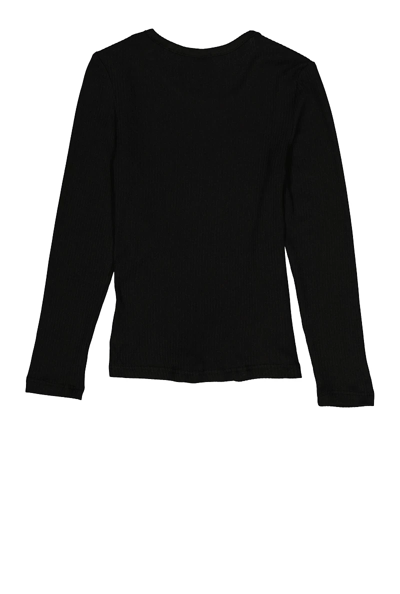 Little Girls Tie Front Top with Graphic Chain Necklace, Black, Size 4