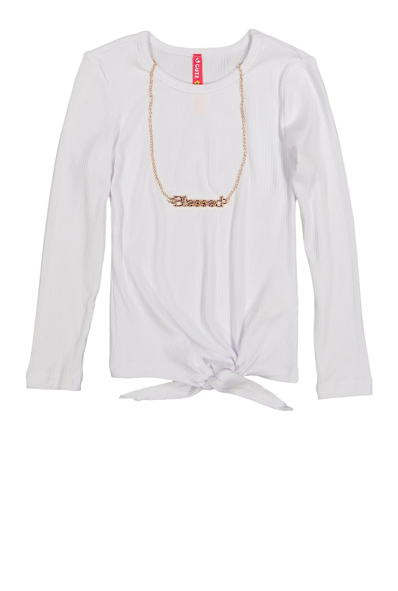 Little Girls Tie Front Top with Graphic Chain Necklace