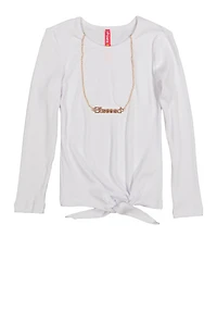 Little Girls Tie Front Top with Graphic Chain Necklace