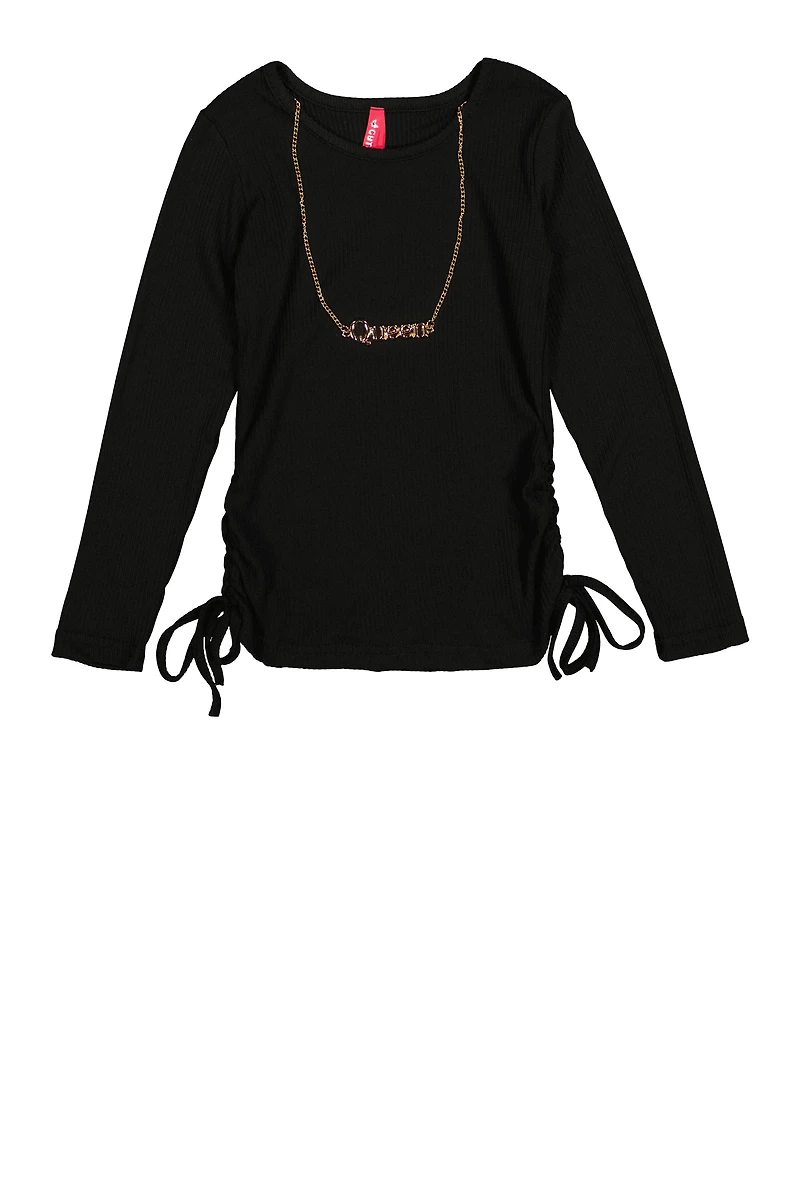 Little Girls Ruched Long Sleeve Top with Necklace, Black, Size 4