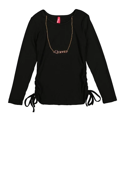 Little Girls Ruched Long Sleeve Top with Necklace, Black, Size 4