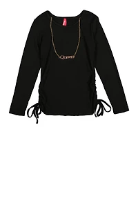 Little Girls Ruched Long Sleeve Top with Necklace, Black, Size 4