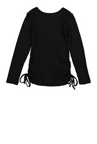 Little Girls Ruched Long Sleeve Top with Necklace, Black, Size 4