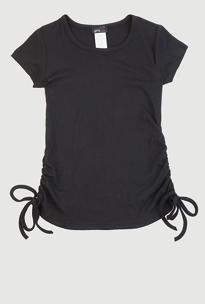 Little Girls Ribbed Knit Side Ruched Tee