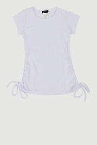 Little Girls Ribbed Knit Side Ruched Tee, White, Size 4