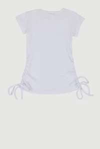 Little Girls Ribbed Knit Side Ruched Tee, White, Size 4
