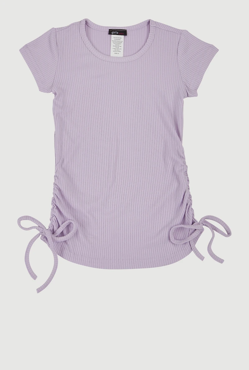 Little Girls Ribbed Knit Side Ruched Tee