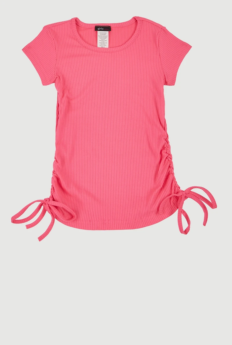 Little Girls Ribbed Knit Side Ruched Tee