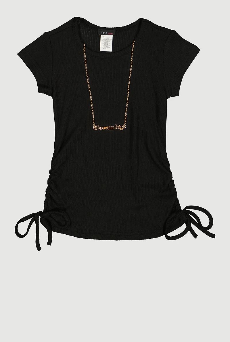 Little Girls Ribbed Knit Ruched Side Top with Necklace, 4