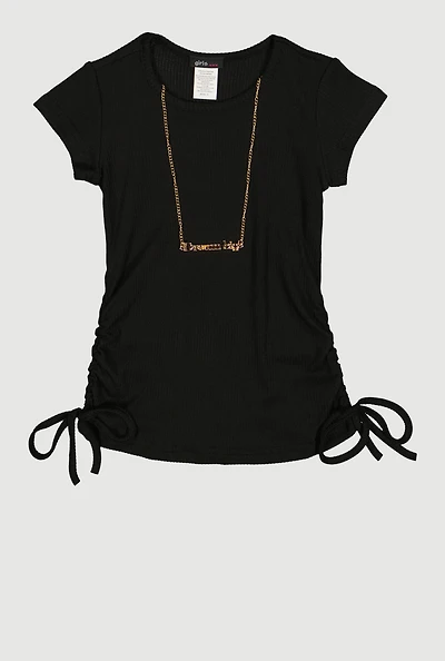 Little Girls Ribbed Knit Ruched Side Top with Necklace, 4