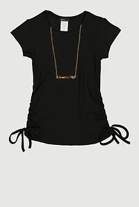 Little Girls Ribbed Knit Ruched Side Top with Necklace, 4