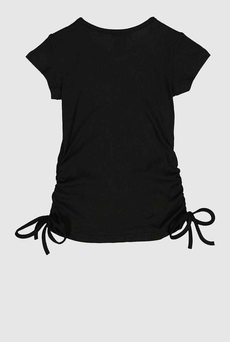 Little Girls Ribbed Knit Ruched Side Top with Necklace, 4