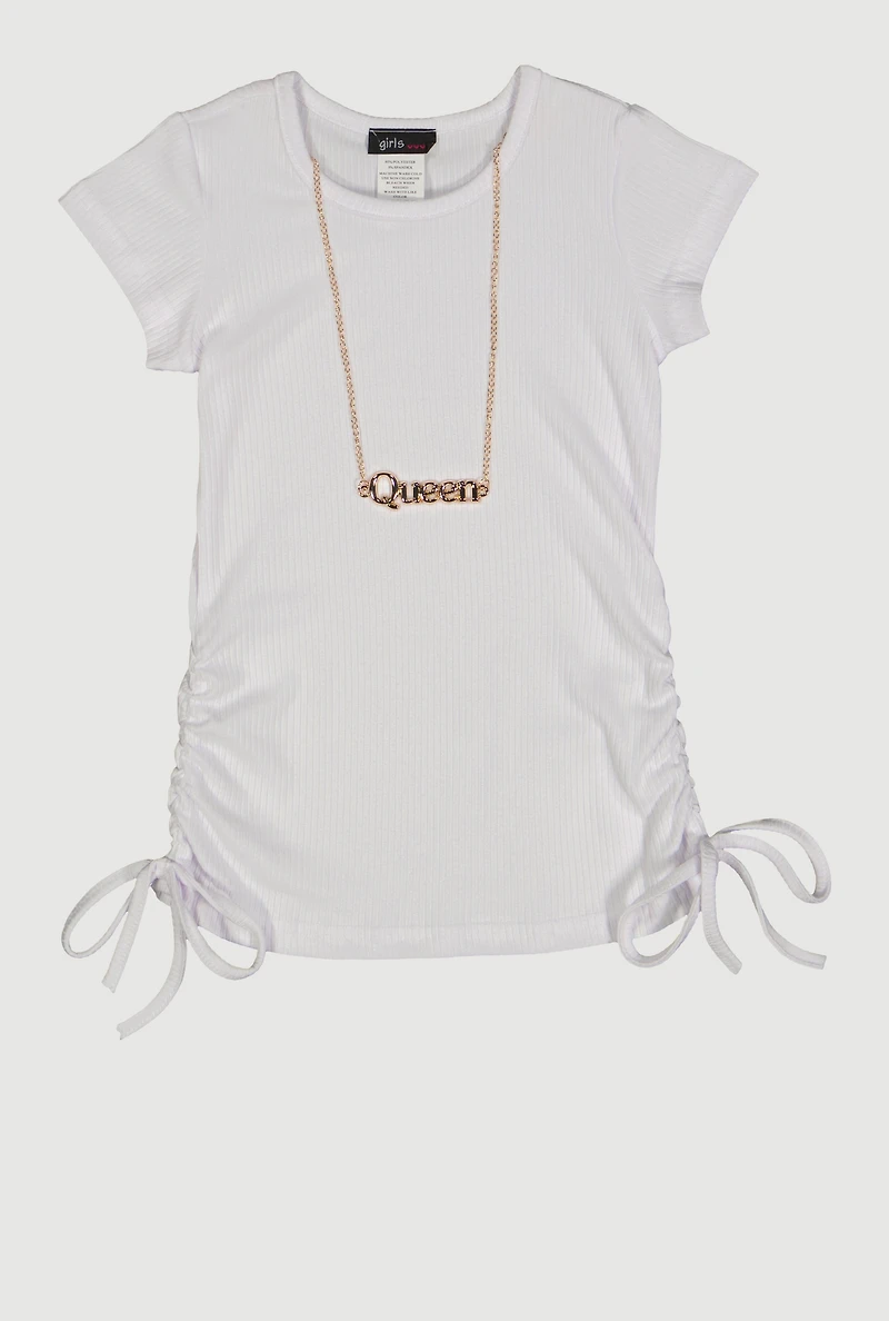 Little Girls Ribbed Knit Ruched Side Top with Necklace