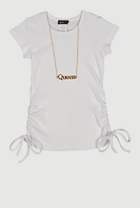 Little Girls Ribbed Knit Ruched Side Top with Necklace