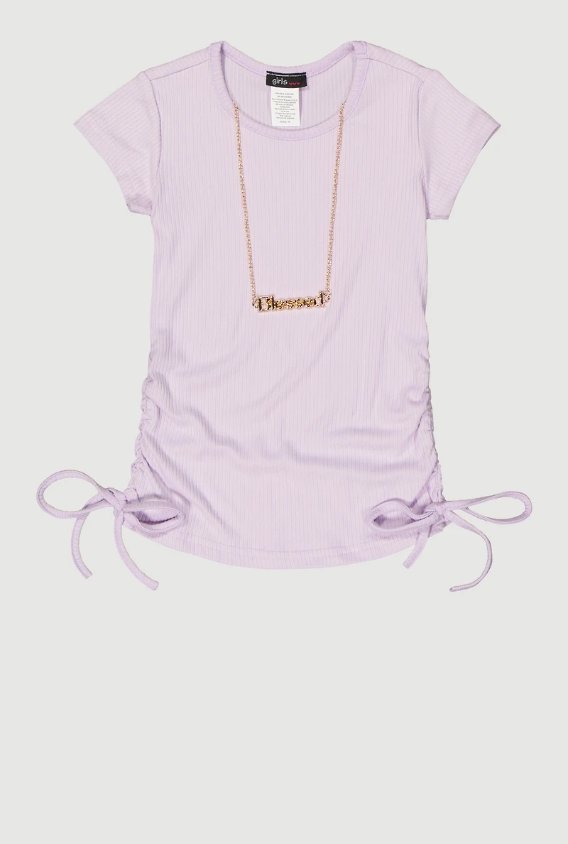 Little Girls Ribbed Knit Ruched Side Top with Necklace, Purple, Size 6X
