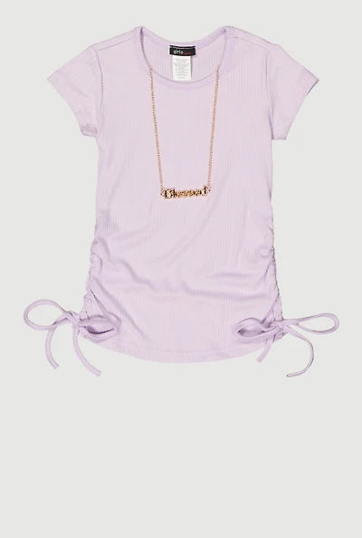 Little Girls Ribbed Knit Ruched Side Top with Necklace, Purple, Size 6X