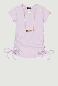 Little Girls Ribbed Knit Ruched Side Top with Necklace, Purple, Size 6X