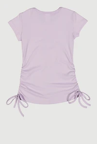 Little Girls Ribbed Knit Ruched Side Top with Necklace, Purple, Size 6X
