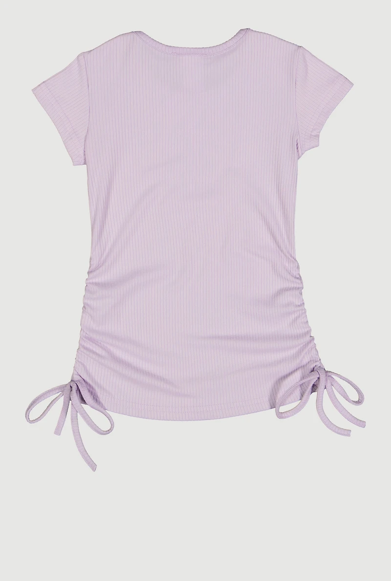 Little Girls Ribbed Knit Ruched Side Top with Necklace, Purple, Size 4