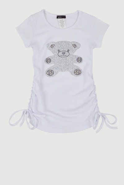 Little Girls Rhinestone Teddy Bear Graphic Top, White, Size 6X