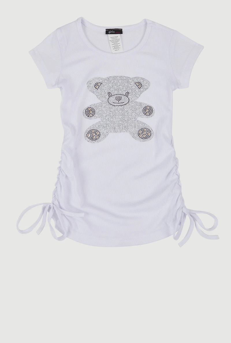 Little Girls Rhinestone Teddy Bear Graphic Top, White, Size 4