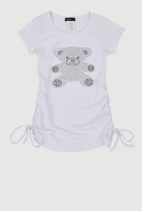 Little Girls Rhinestone Teddy Bear Graphic Top, White, Size 4