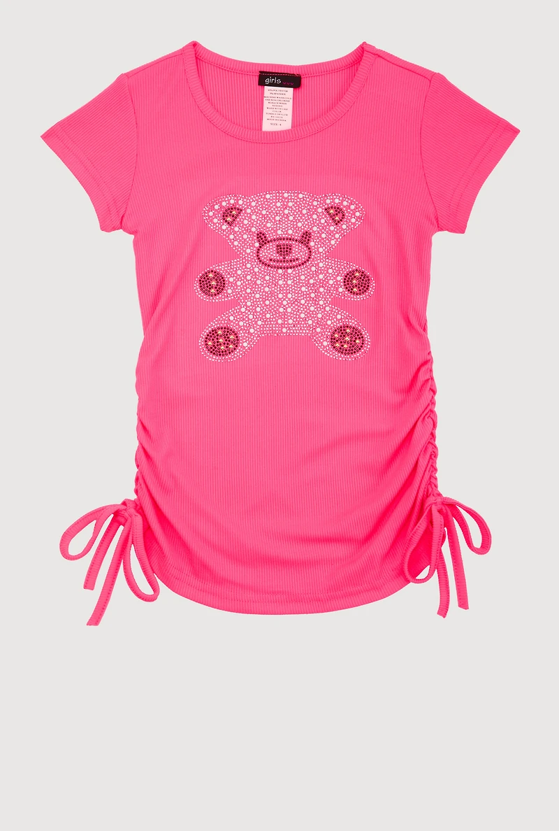 Little Girls Rhinestone Teddy Bear Graphic Top, Pink,