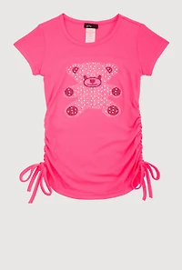 Little Girls Rhinestone Teddy Bear Graphic Top, Pink,