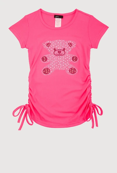 Little Girls Rhinestone Teddy Bear Graphic Top, Pink,