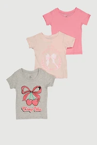 Little Girls Cherry Vibes Glitter Graphic Tees 3 Pack, Pink, Size 6X